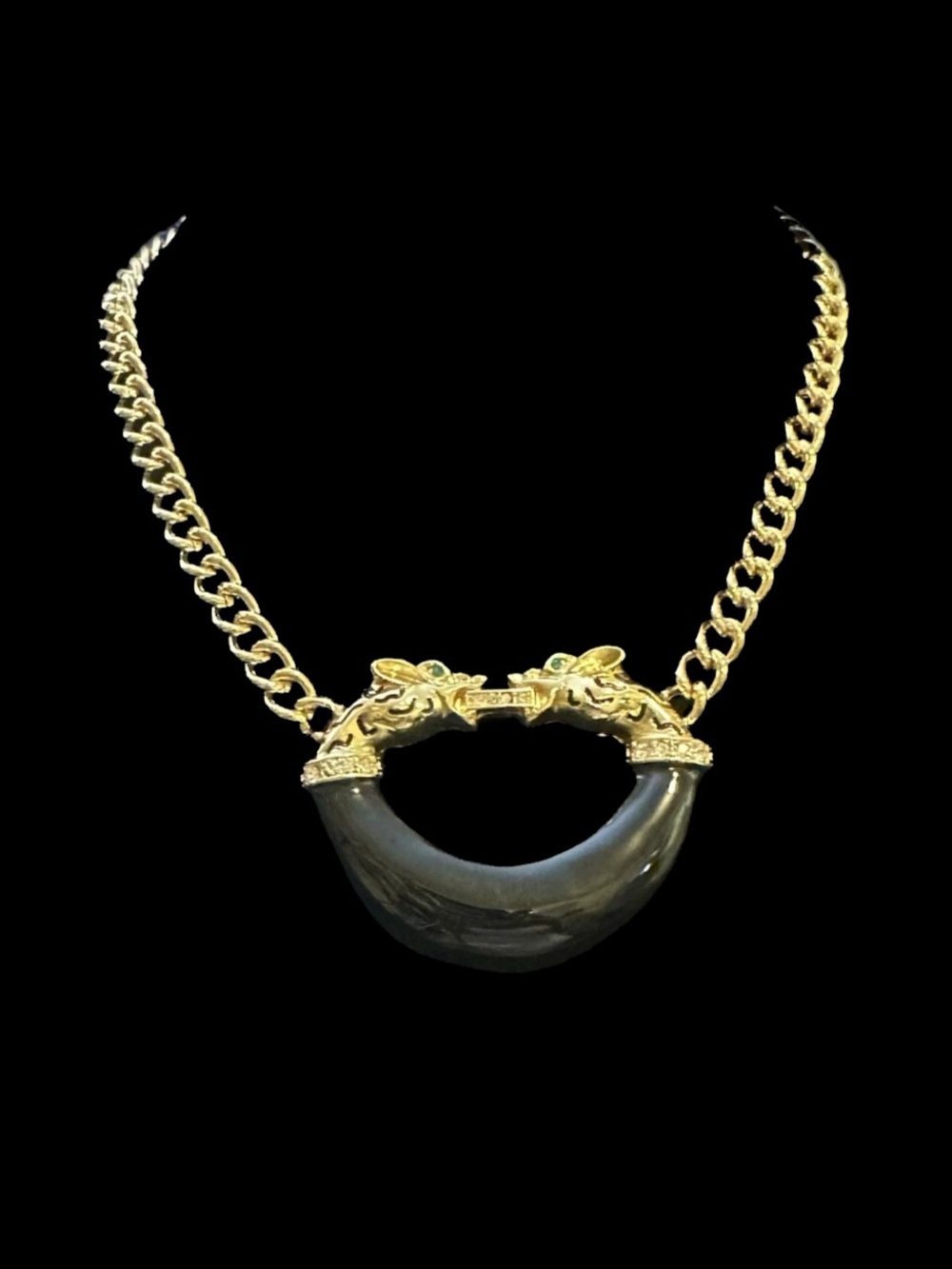 Monet Gold Chain Necklace with Black Jade Crescent Pendant